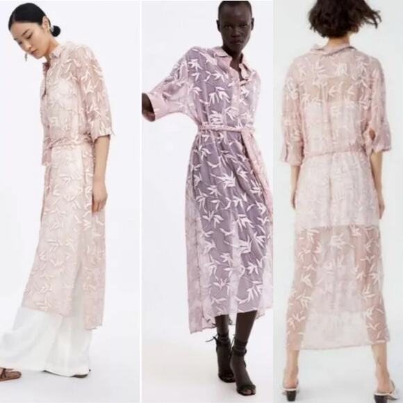 Zara Sheer Embroidered Pink Midi Dress size Small - Picture 1 of 6